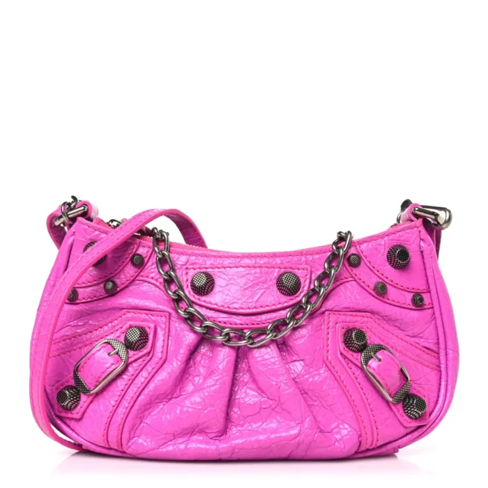 Balenciaga Lipstick Pink Agneau Arena Leather Le Cagole Mini Purse with Chain Silver Hardware Front replica handbags