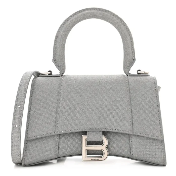 Balenciaga Silver Sparkling Fabric XS Hourglass Top Handle Bag Silver Hardware Front replica handbags