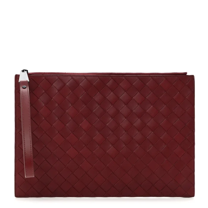 Bottega Veneta Burgundy Nappa Leather Small Intrecciato Wristlet Zip Wallet Front replica handbags