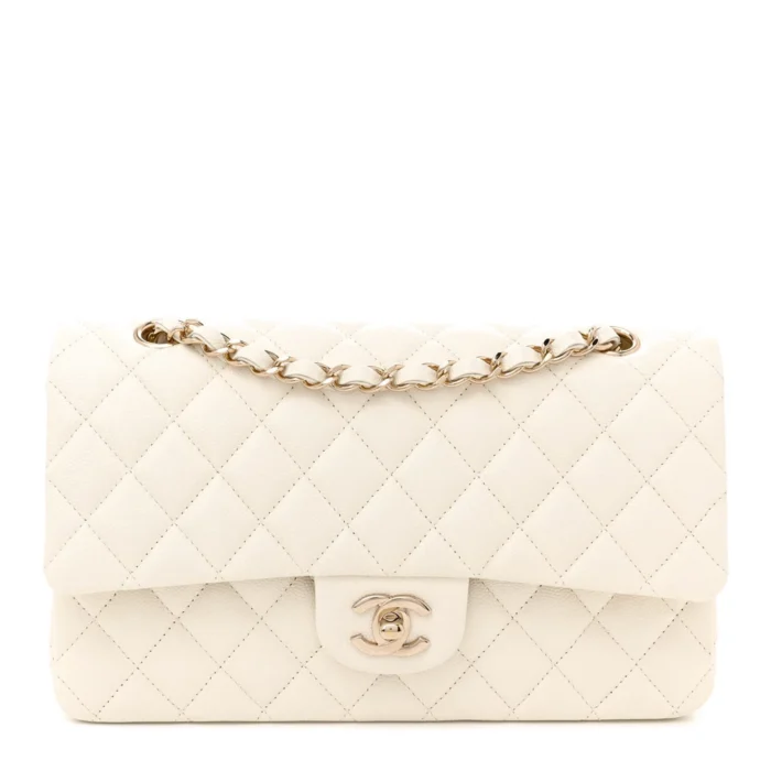 Chanel White Quilted Caviar Leather Medium Double Flap Light Gold Hardware Front replica handbag