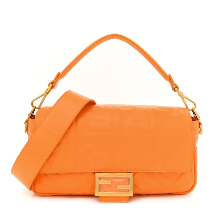 Fendi Clementine Nappa Leather FF 1974 Embossed Baguette Gold Hardware Front replica handbags