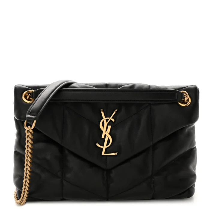 Saint Laurent Black Quilted Puffer Monogram Lambskin Leather Small Loulou Chain Satchel Gold Hardware Front replica handbag