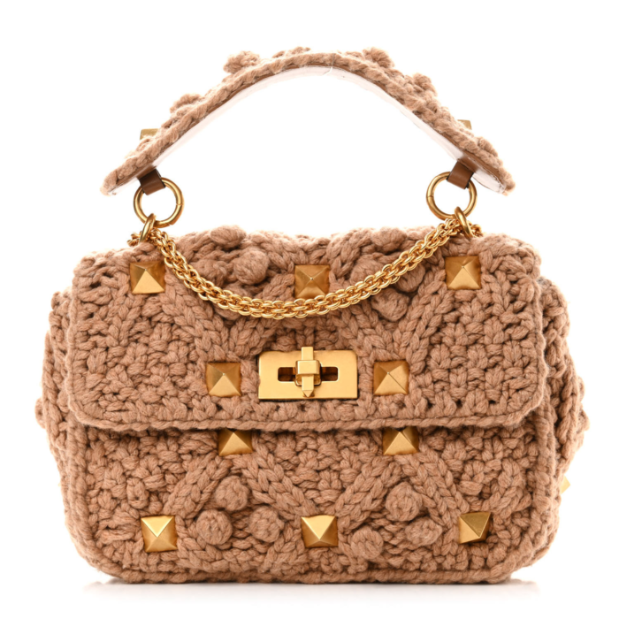 Valentino Garavani Brown Cashmere Medium Roman Stud Shoulder Bag Gold Hardware Front replica handbags